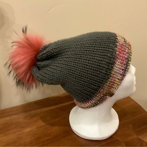 Slouchy Knitted Winter Reversible Hat with Real Fur Snap Pom both sides